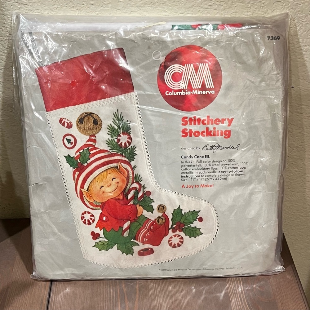 Christmas Elf Stocking Craft Kit Embroidered Felt 1981 Columbia-Minerva Started